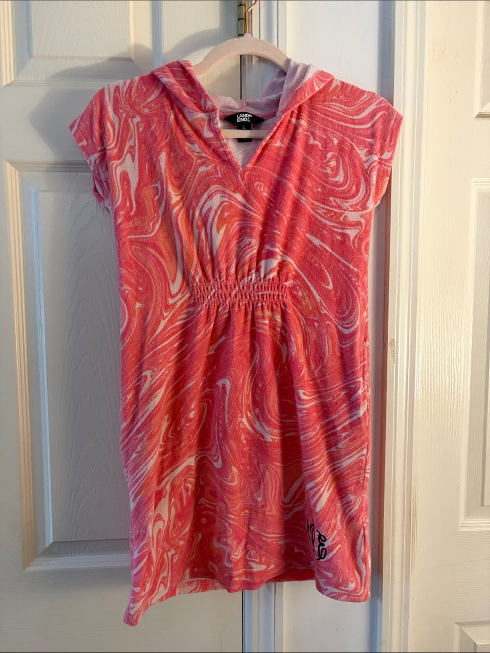 Lands' End Girls' Coral Swirl Hooded Swim Cover-up Dress Monogram R